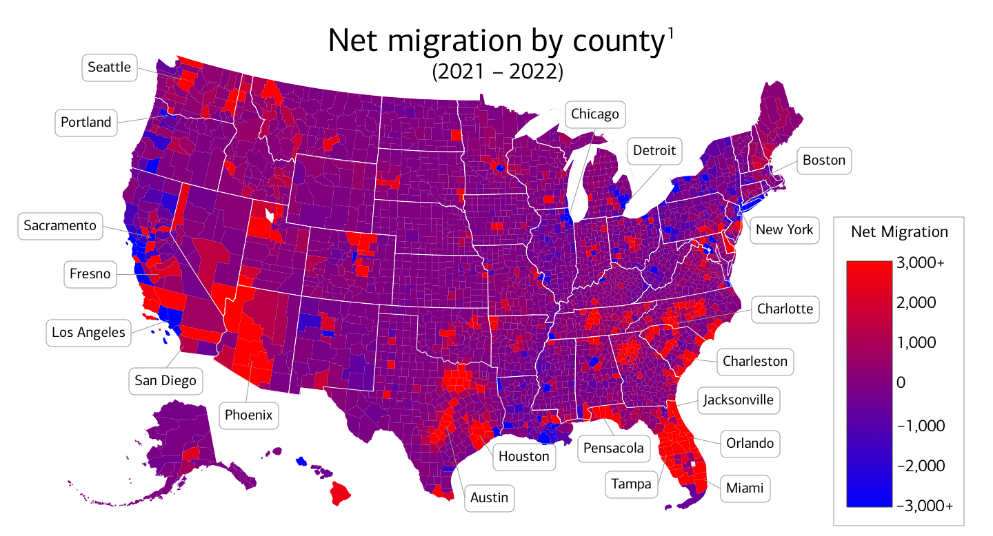 Map showing U.S. net migration by county from 2021 to 2022.